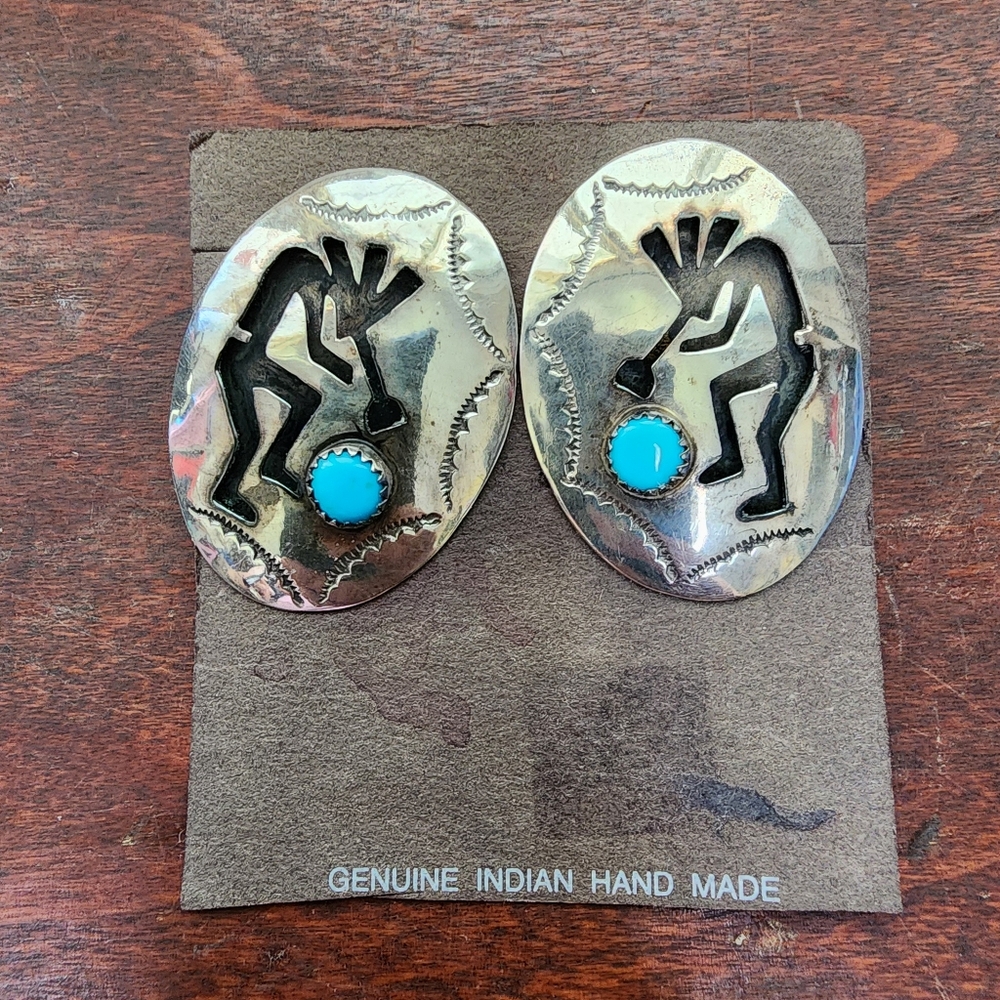 Vintage Silver Torquoise Southwestern Kokopelli Earrings Native Indian